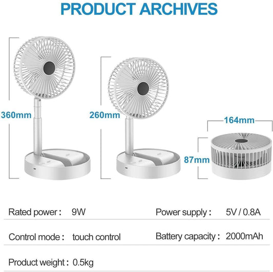 White rechargeable table fan with adjustable height and touch control, compact design with 2000mAh battery