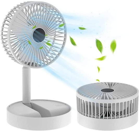 White rechargeable table fan with adjustable height and foldable design blowing air with green leaves