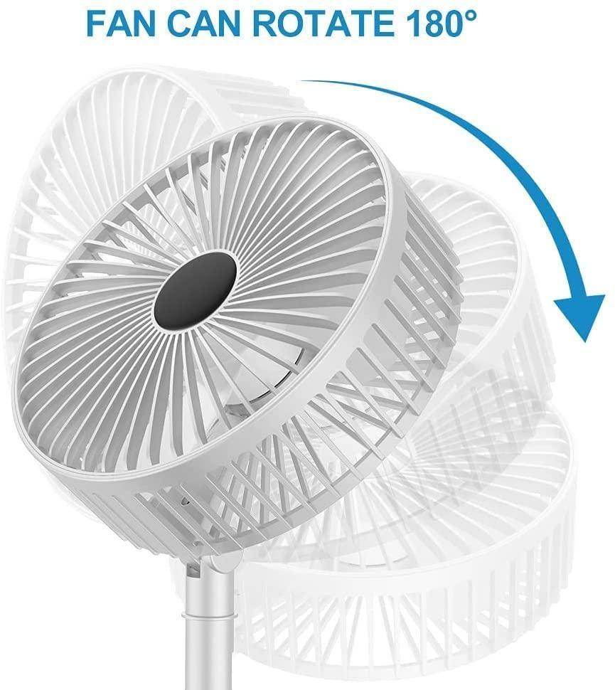 White rechargeable table fan with 180 degree rotation feature for adjustable airflow