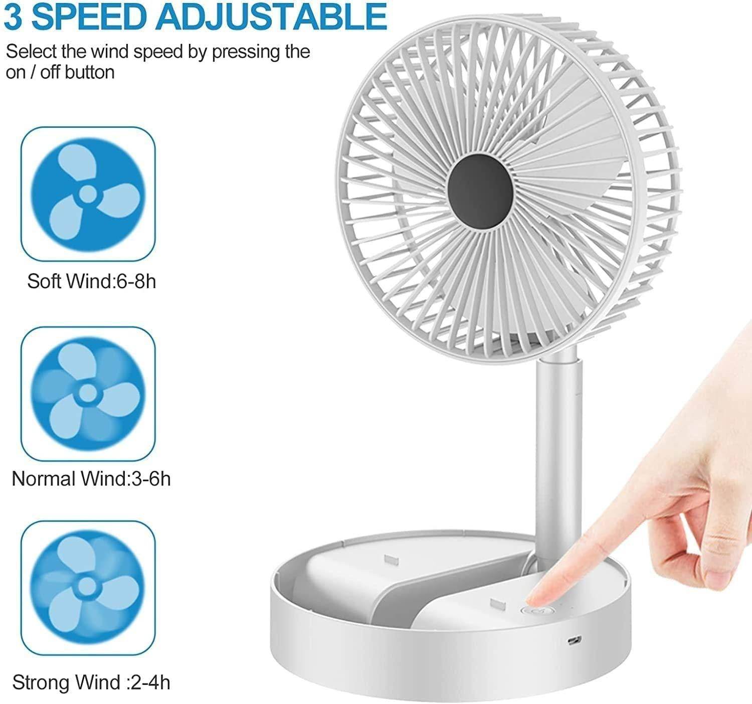 White rechargeable table fan with 3 speed adjustable settings and touch button control