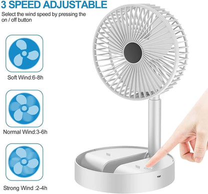 White rechargeable table fan with 3 speed adjustable settings and touch button control