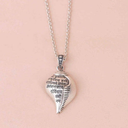 Silver Shri Krishna conch pendant necklace with engraved Sanskrit text and detailed design on chain