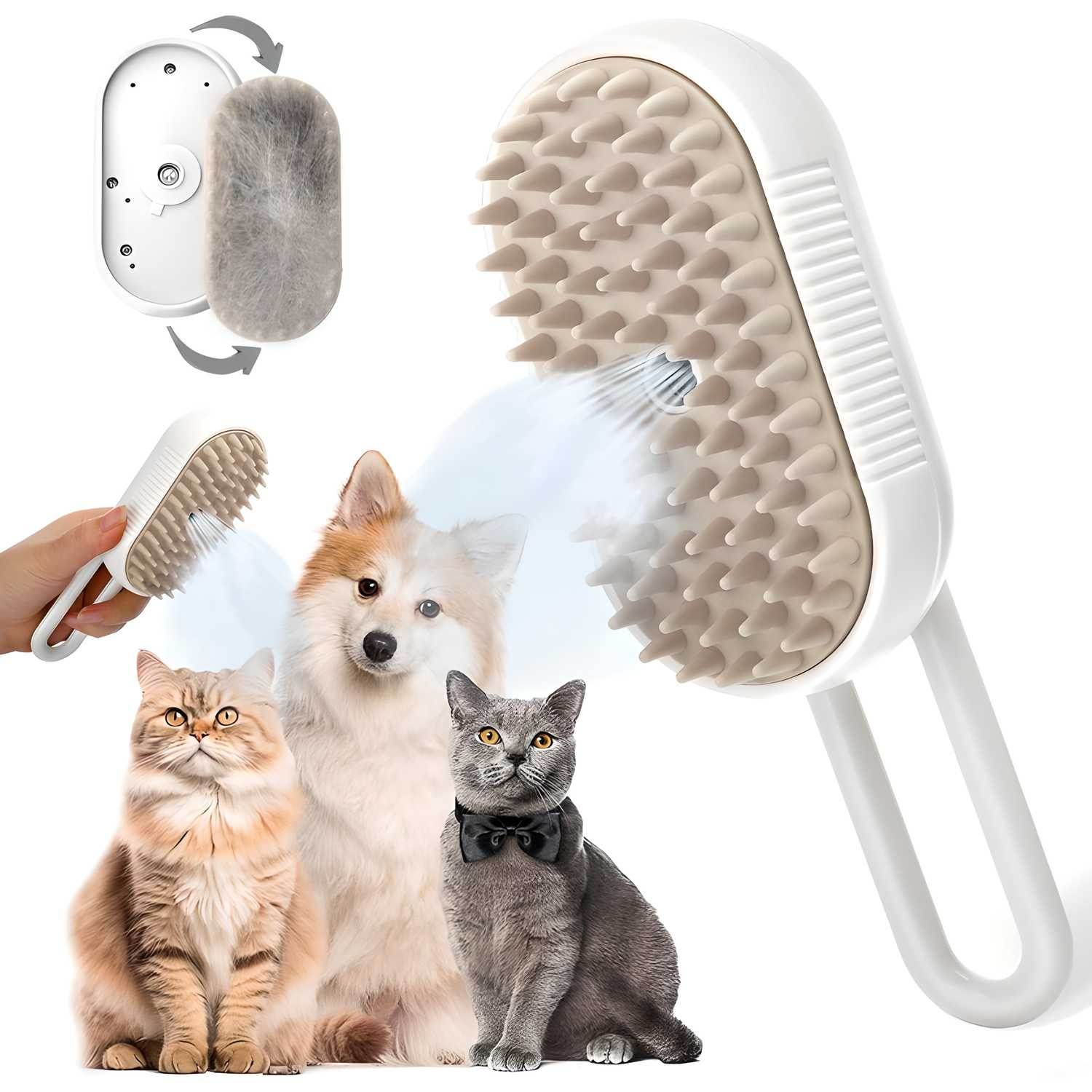 White steam brush for pets releasing steam with soft bristles next to a dog and two cats