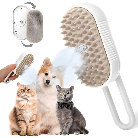 White steam brush for pets releasing steam with soft bristles next to a dog and two cats