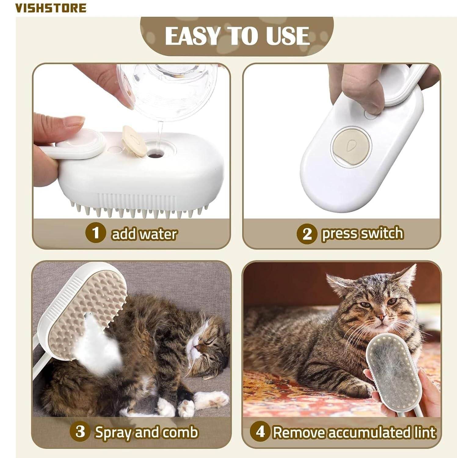 Step-by-step instructions showing how to use the steam brush for pets to comb and remove lint from a cat