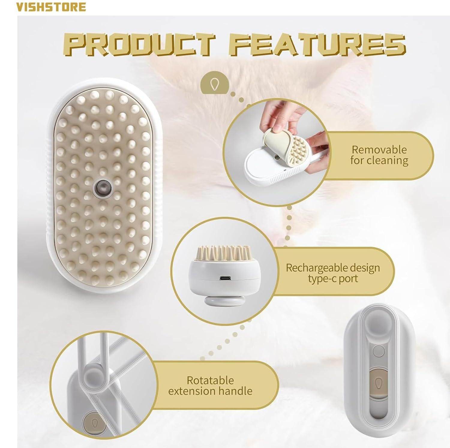 Steam brush for pets with removable cleaning head rechargeable type-c port and rotatable extension handle