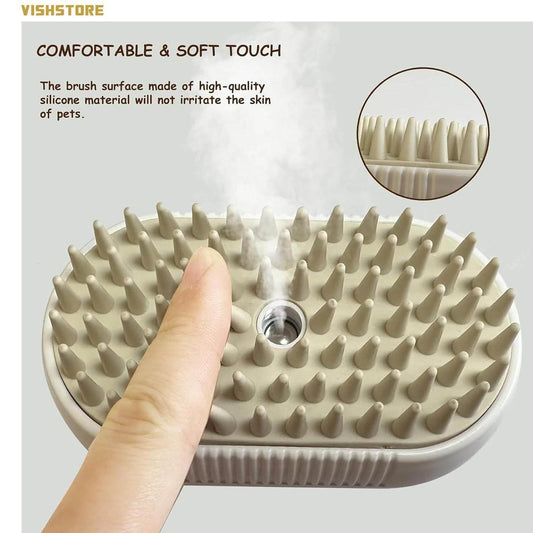 Beige steam brush for pets with soft silicone bristles releasing steam when pressed