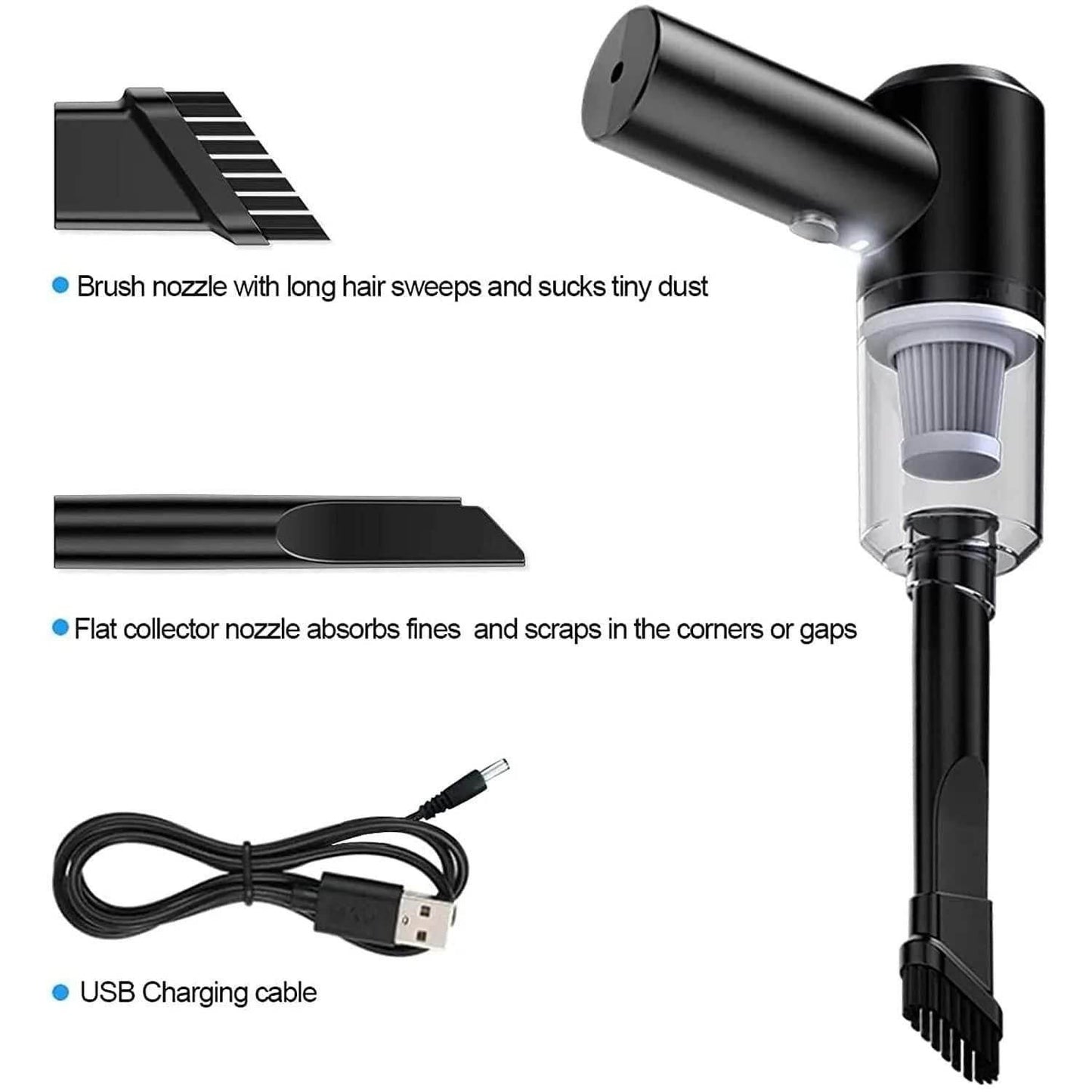 Black wireless mini vacuum cleaner with brush and flat collector nozzles and USB charging cable