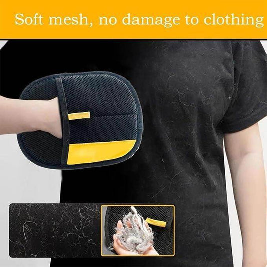Double sided pet hair removal glove with soft mesh fabric shown removing pet hair from black clothing