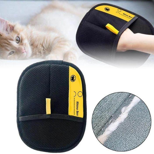 Black and yellow double sided pet hair removal glove for easy pet fur grooming and cleaning